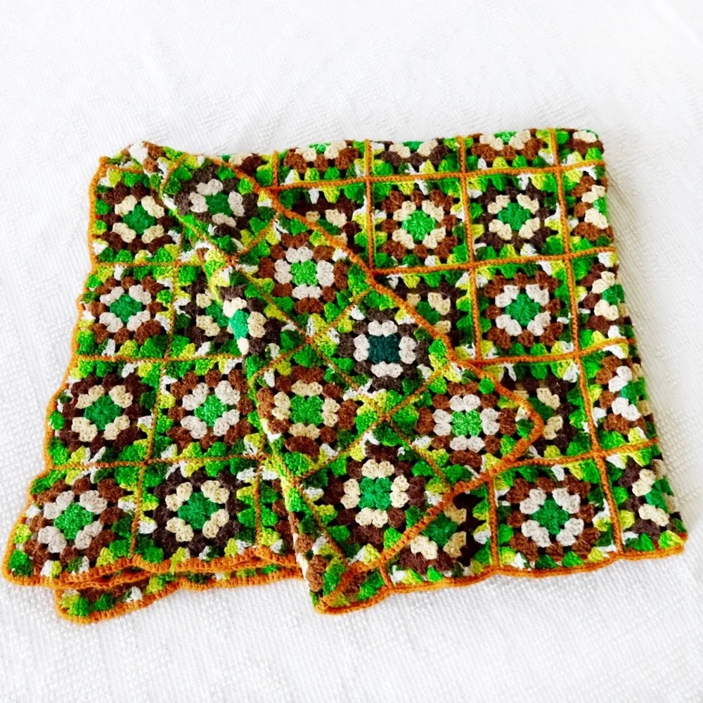 Vintage Granny Square Crochet Afghan Throw Blanket Green Brown Orange